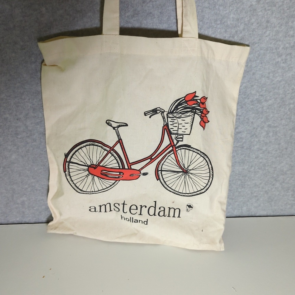 Amsterdam Holland Bicycle Canvas‎ Tote Bag Red Bike Tulips Graphic